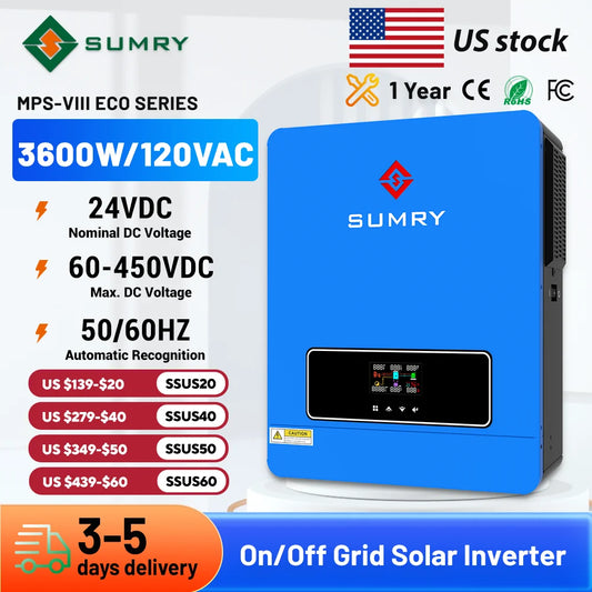 Sumry 3.6kw Hybrid Solar Inverter 110 120v 24v Dual Output MPPT 120A 60 450v 50 60hz Home Inversor Pure Sine Wave