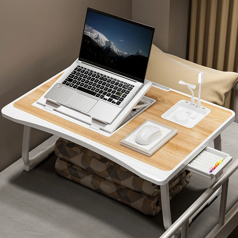 Foldable Laptop Bed Desk] Portable Adjustable Height Foldable Laptop Bed Desk with Wooden Surface - Storage Slots & Drawers for