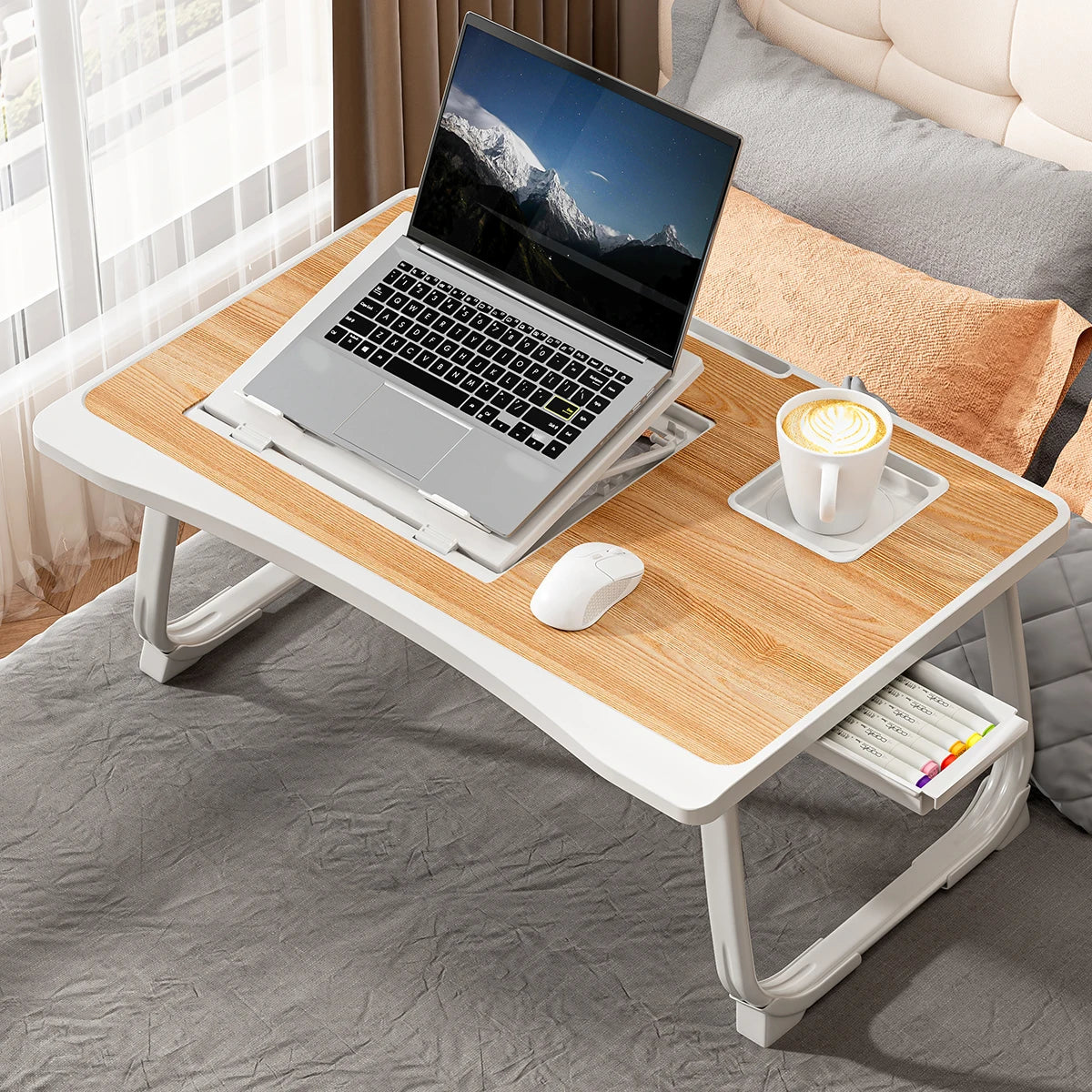 Foldable Laptop Bed Desk] Portable Adjustable Height Foldable Laptop Bed Desk with Wooden Surface - Storage Slots & Drawers for