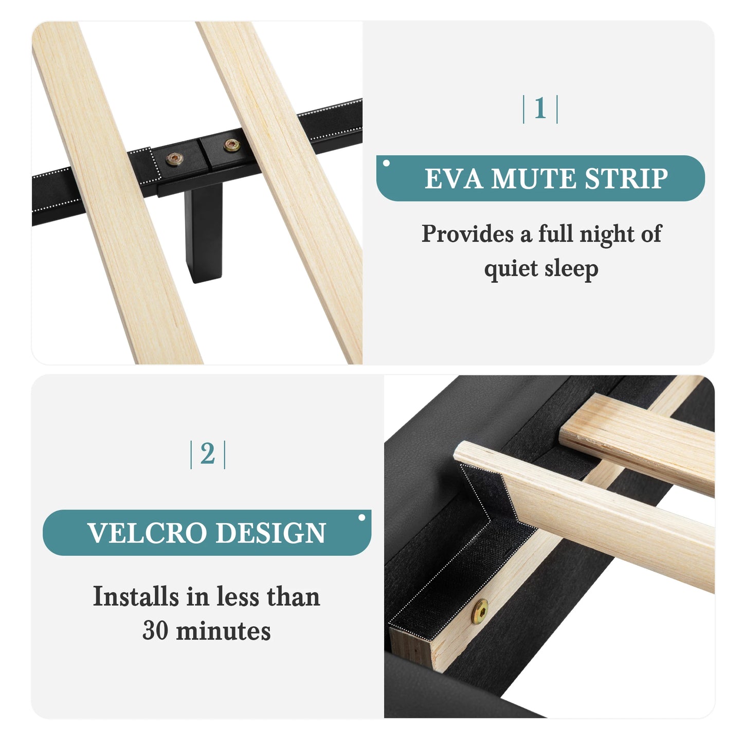 HOOMIC Modern Faux Leather Bed Frame with Iron Decor Low Profile Platform Bed Height Adjustable Headboard