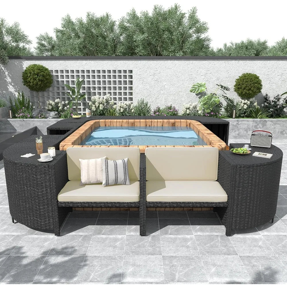 Patio Furniture Set, Spa Surround Outdoor Rattan Sofa Set with Wooden Seats and Storage Spaces, Quadrilateral Patio Sofa Set wit