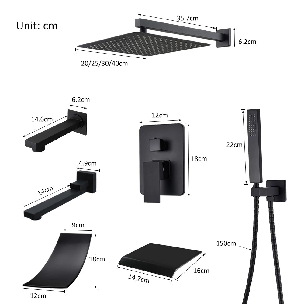 Black Concealed Shower System Rain Waterfall Bathroom Faucet Set with Tub Spout