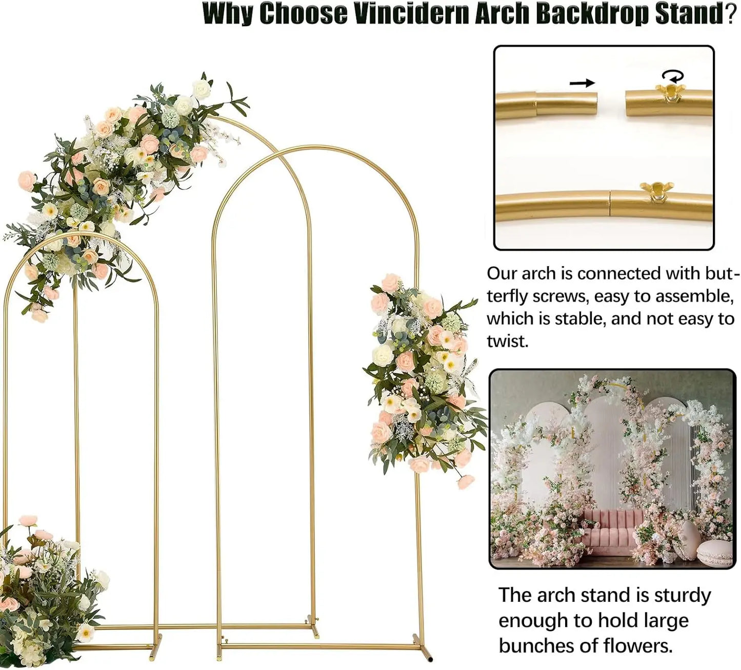 Wedding Arch Backdrop Stand Set of 3 (6.6FT,5.9FT,4.9FT), Balloon Arch Stand, Metal Arch Backdrop Stand for Birthday Party, Wedd
