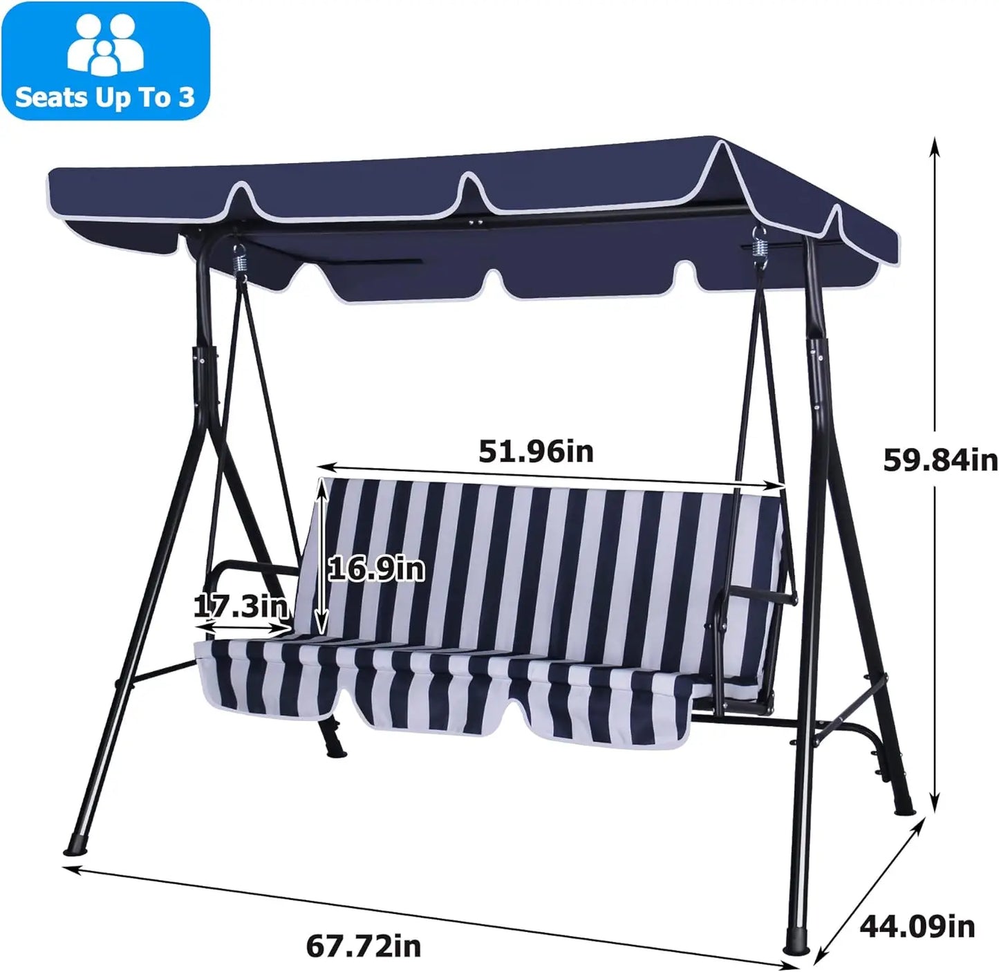 3-Seat Patio Swing Chair, Outdoor Porch Swing with Adjustable Canopy and Durable Steel Frame for Patio, Garden, Poolside(Nevy Bl