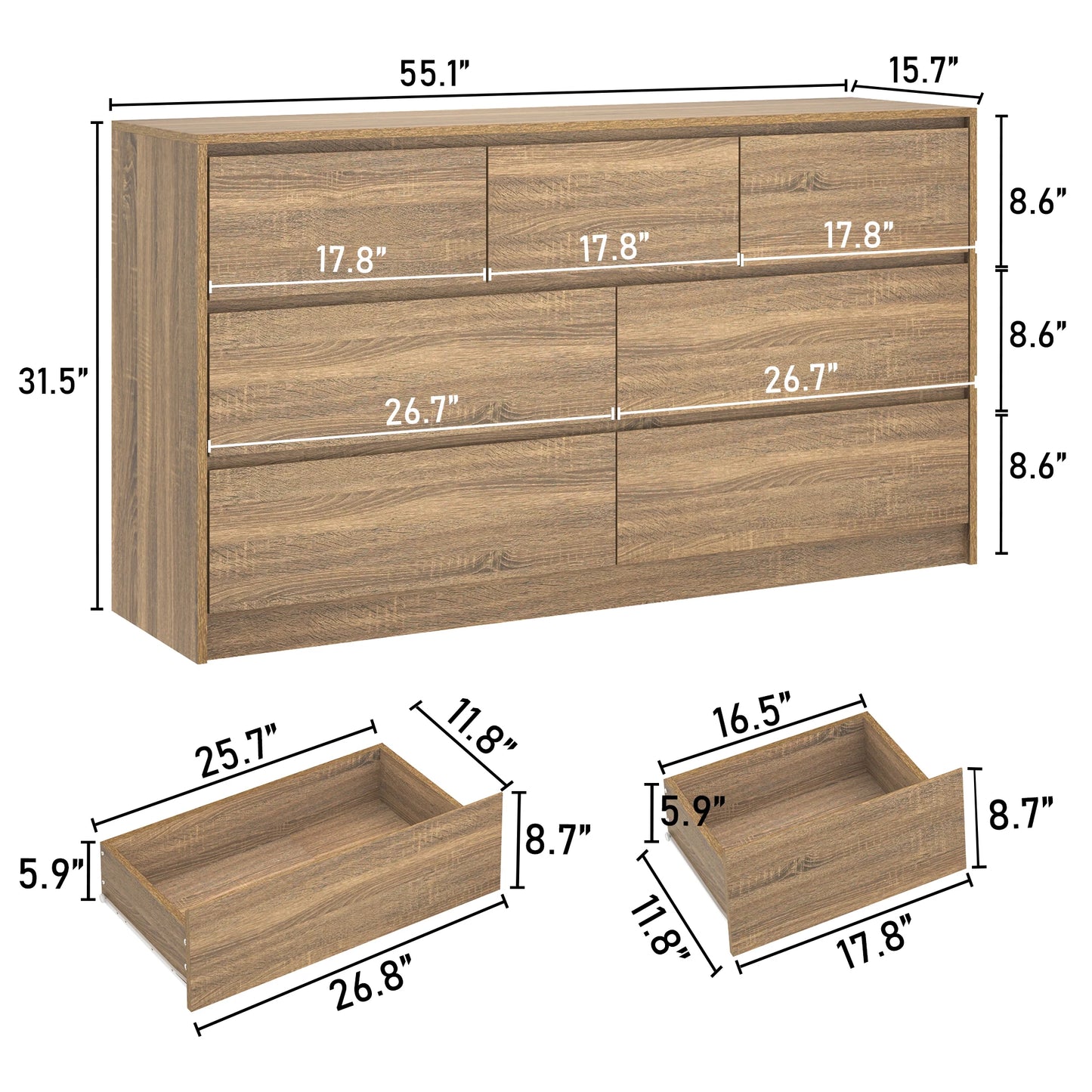 7 Drawer Dresser for Bedroom 55 Inch Modern Chest of Drawers for Closet Wide Drawer Organizer Cabinet in White and Black