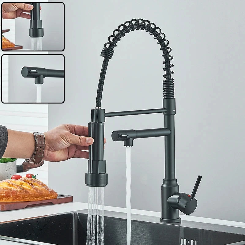 Black Kitchen Sink Faucet Pull Down Hot and Cold Water Mixer Dual Mode Tap 360 Degree Rotation Flexible Deck Mounted