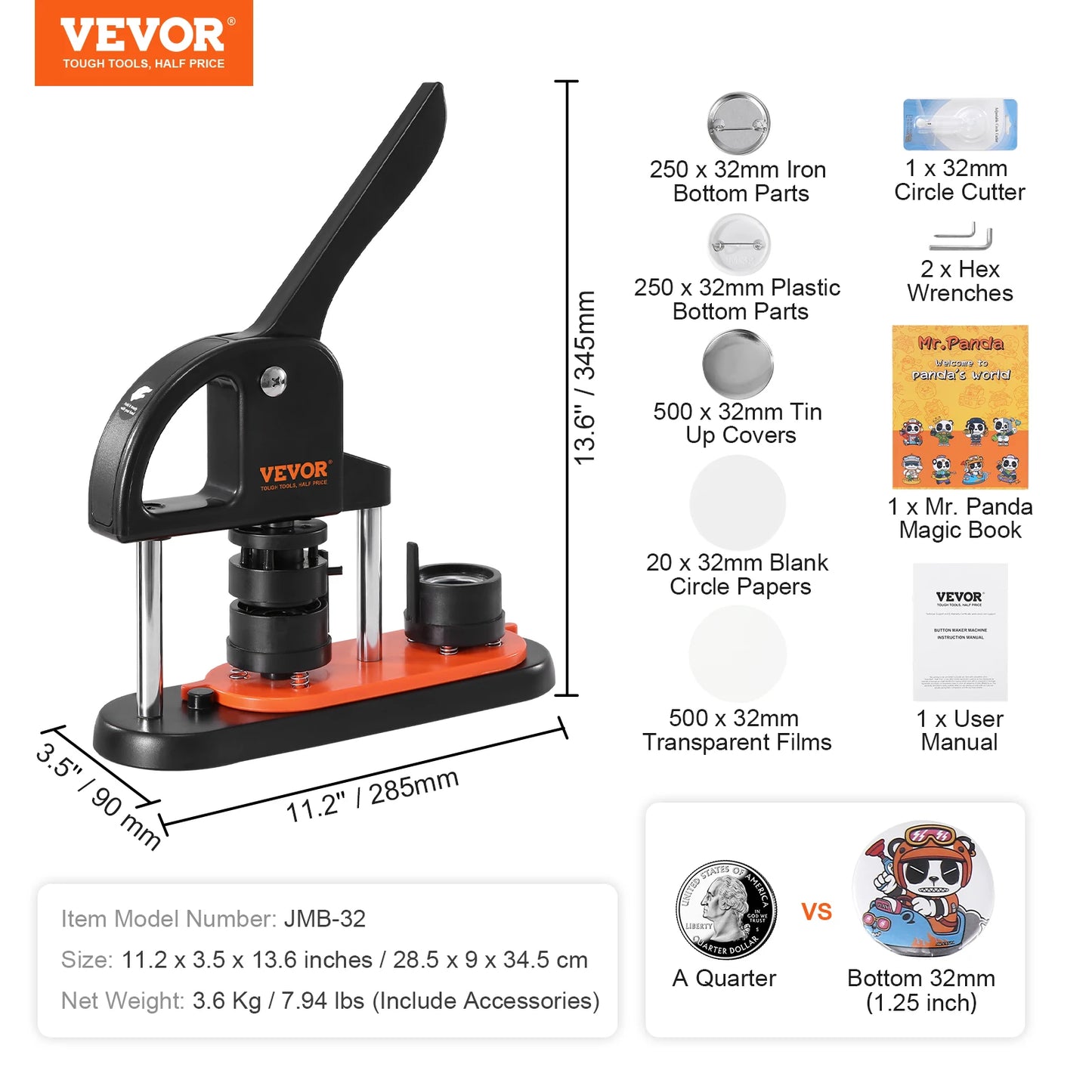 VEVOR Button Maker 25/32/58 Pin Maker with Button Parts Ergonomic Arc Handle Punch Press Kit Button Maker Machine