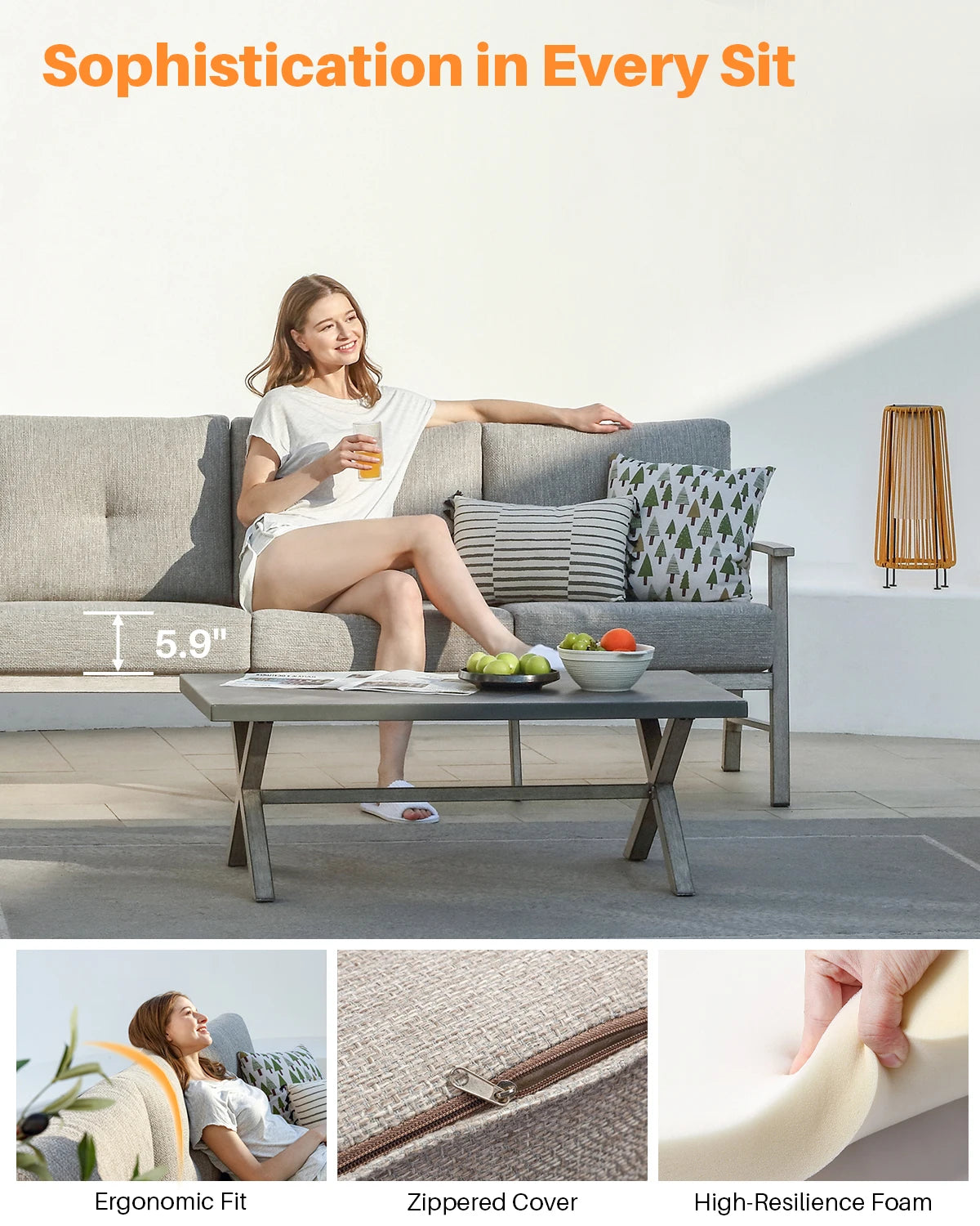 SeeHill Patio Furniture Loveseat Sofa, 2 Seats Outdoor Aluminum Patio Sofa Couch Furniture with Cushion for Poolside, White Oak