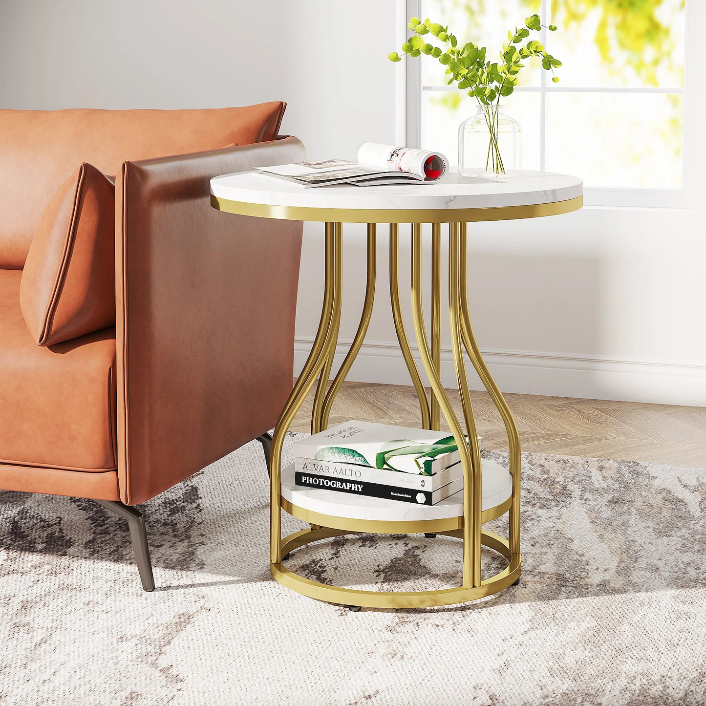 Tribesigns Round Side Table White Gold End Table 2-Tier Modern Bedside Table Small Side Table with Storage for Couch