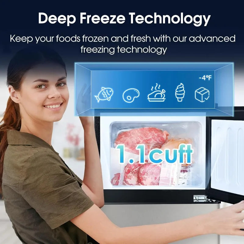 3.2 Cu.Ft Fridge with Freezer, 2 Door Refrigerator with 7 Level Thermostat, LED Light, Adjustable Removable Glass Shelves