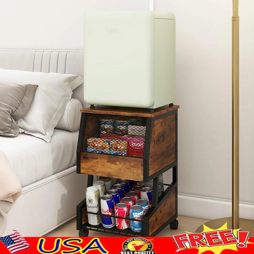 Compact Refrigerator Stand with Beverage Storage Rolling Mini Fridge Cart Lockable Wheels Snack Organizer Easy Assembly