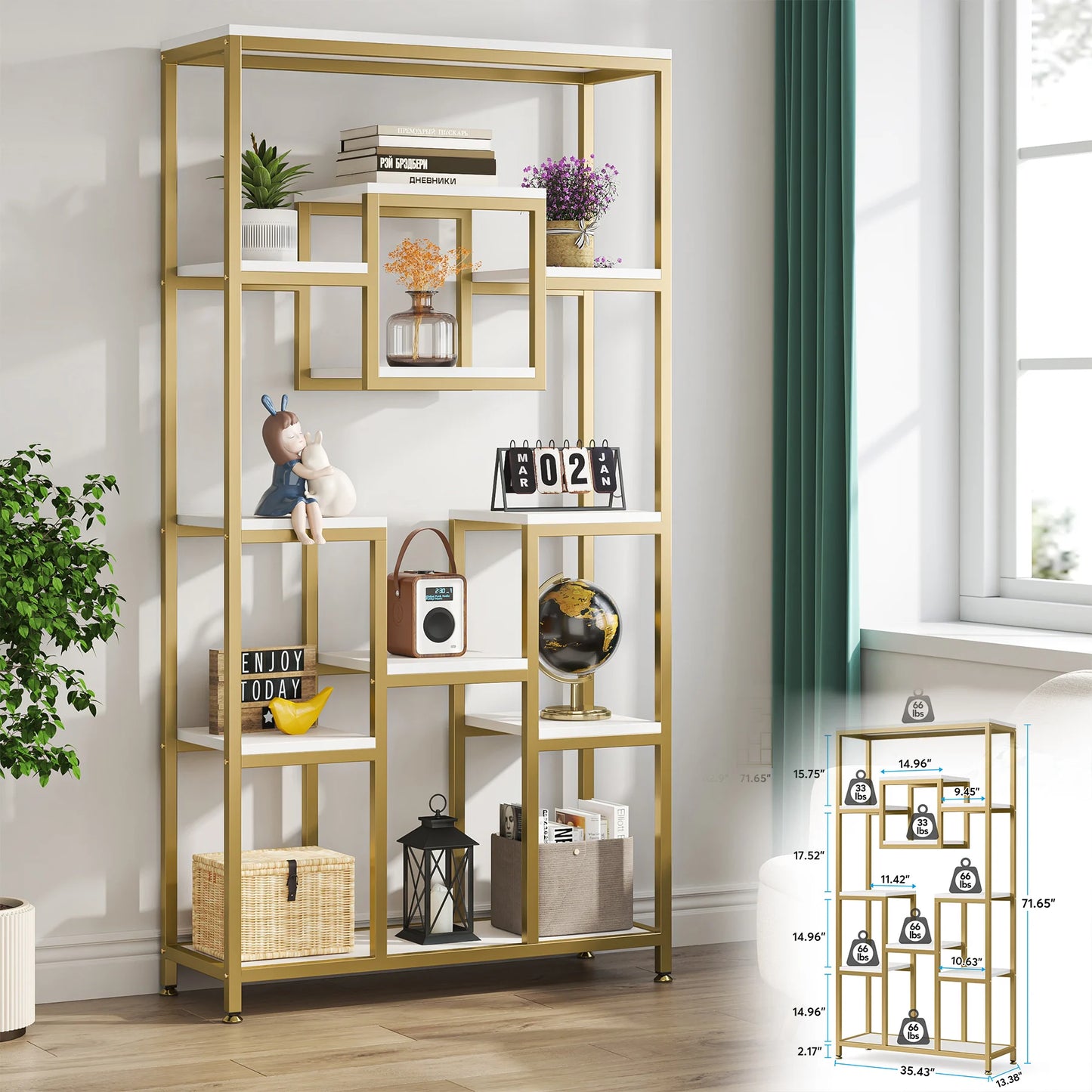 Tribesigns 5 Tier Etagere Bookcase Modern Gold Book Shelf Organizer Display Rack with 8 Open Storage Shelves