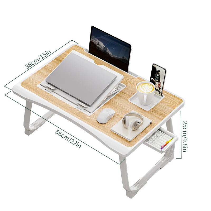Foldable Laptop Bed Desk] Portable Adjustable Height Foldable Laptop Bed Desk with Wooden Surface - Storage Slots & Drawers for