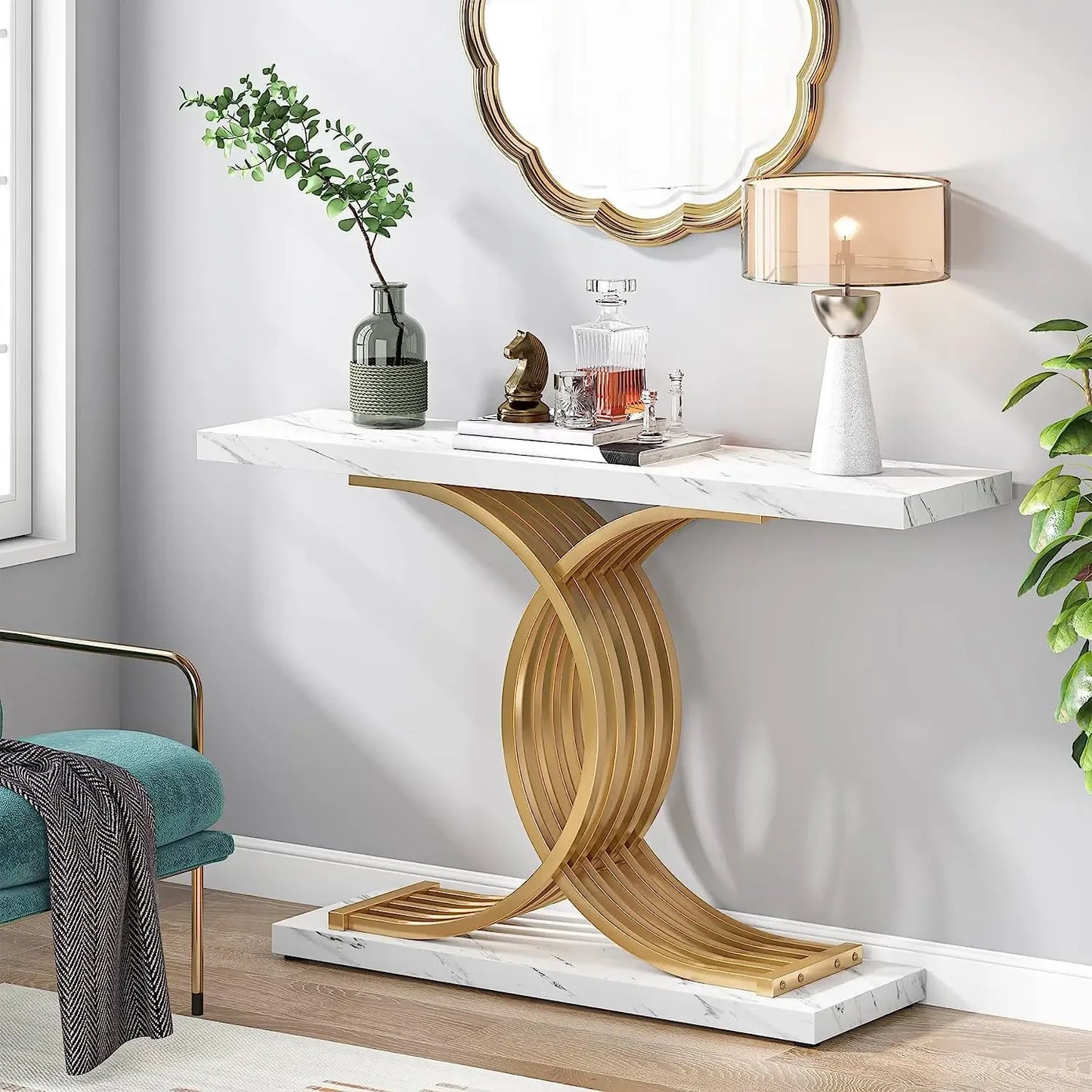 Tribesigns Gold Entryway Table, Modern 39-Inch Console Faux Marble Narrow Wood Sofa with Geometric Metal Legs
