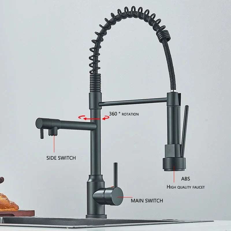 Black Kitchen Sink Faucet Pull Down Hot and Cold Water Mixer Dual Mode Tap 360 Degree Rotation Flexible Deck Mounted