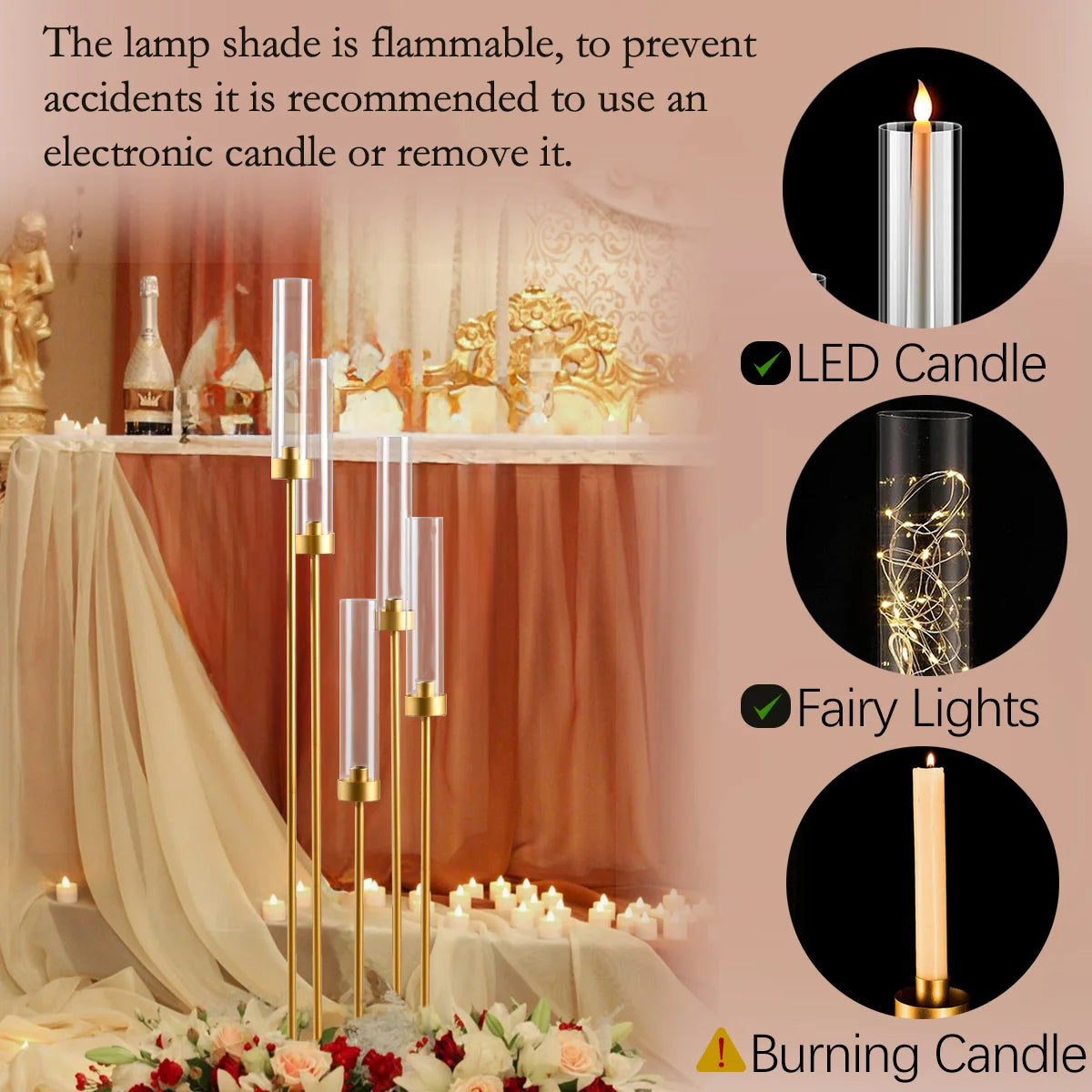10PCS Gold Floor Candelabra 5 Arm Candle Holder Tall Floor Candle Holder with Acrylic Lampshade for Wedding Table and Birthday Party