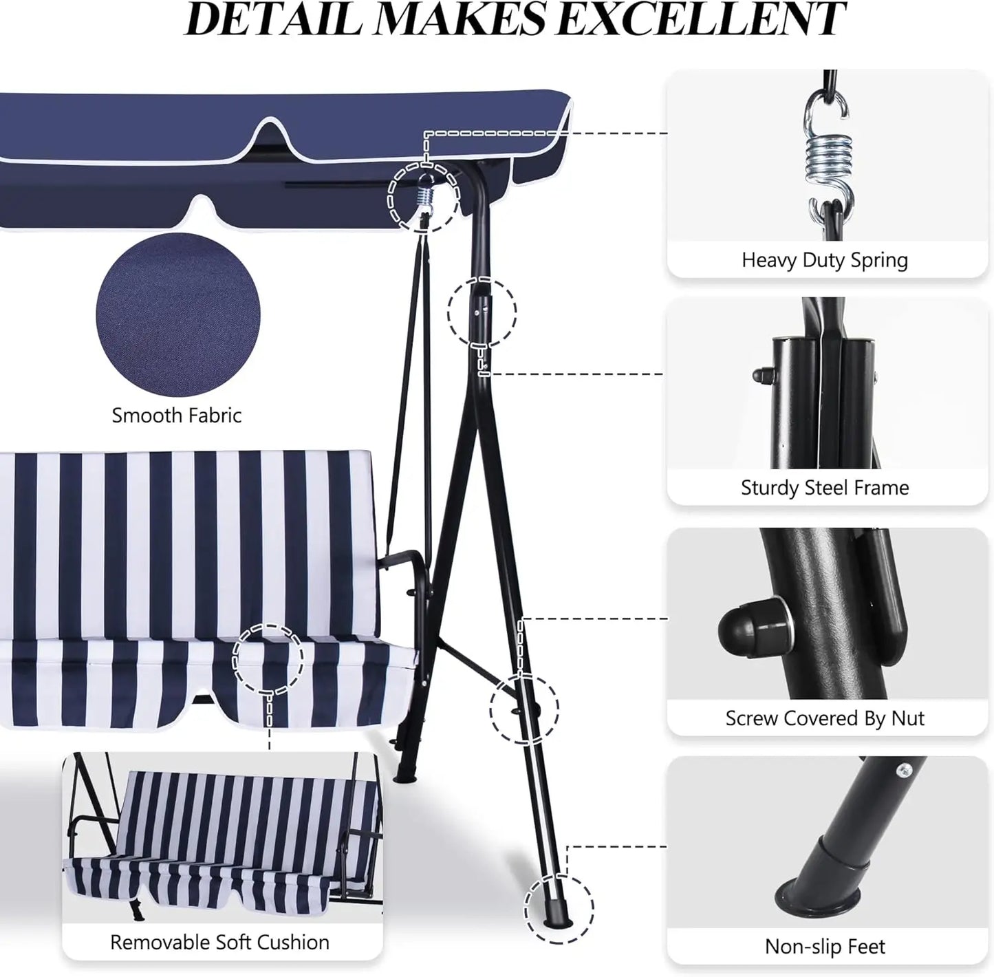 3-Seat Patio Swing Chair, Outdoor Porch Swing with Adjustable Canopy and Durable Steel Frame for Patio, Garden, Poolside(Nevy Bl