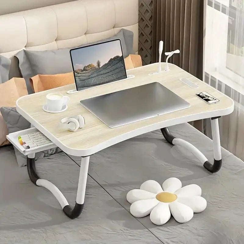 Portable Laptop Desk with USB Light, Small Fan, Cup Holder, Tablet Slot, and Lifting Handle - Foldable Laptop Table for Working,