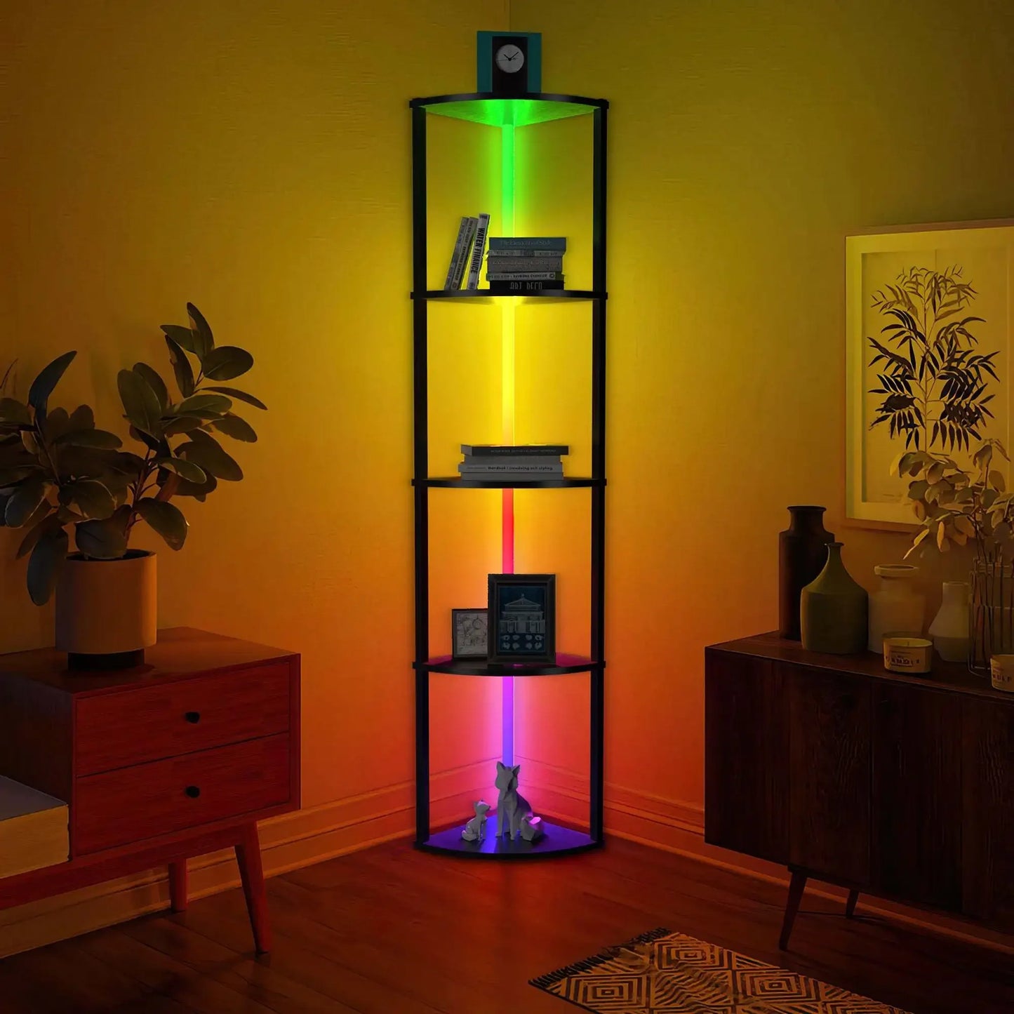 Corner Shelf Bookshelf with RGB LED Lights 5 Tier Corner Bookshelf Organizer 64 Inch Corner Cabinet Wood Display Shelf