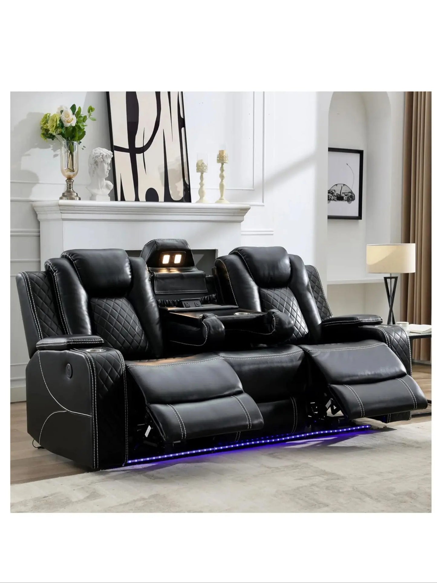 3 Seats Power Reclining Sofa with Wireless Charger LED Floor Lights Reading Light Drop Down Table USB Type C Port Model M070