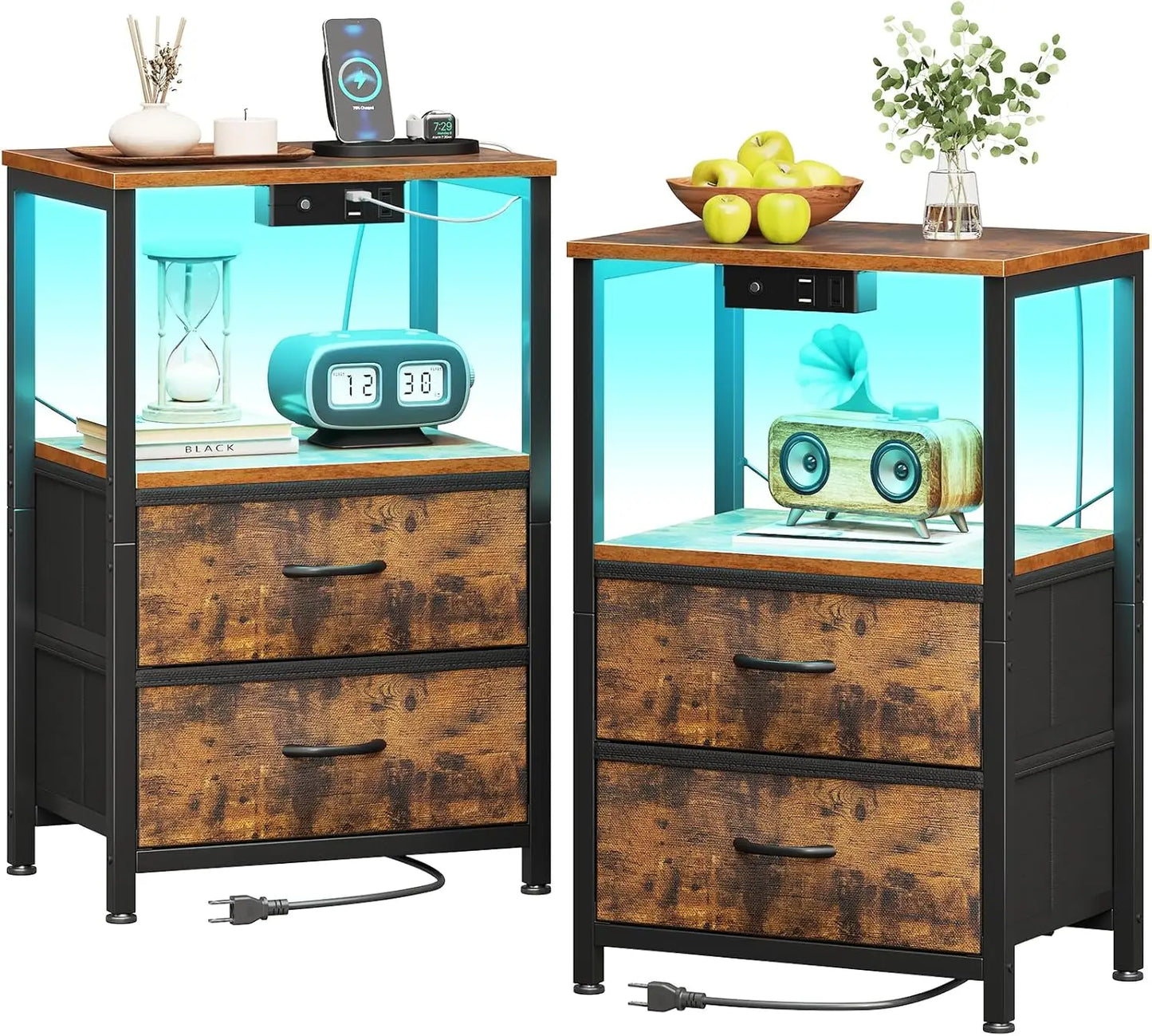 Nightstand Set of 2 with Charger Station \u2014 USB Ports & Outlet, Bed Side Table with LED Lights, End Table with Fabric Drawer