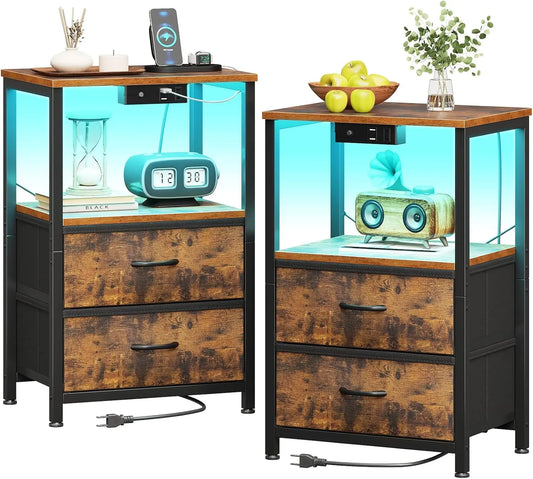 Nightstand Set of 2 with Charger Station \u2014 USB Ports & Outlet, Bed Side Table with LED Lights, End Table with Fabric Drawer