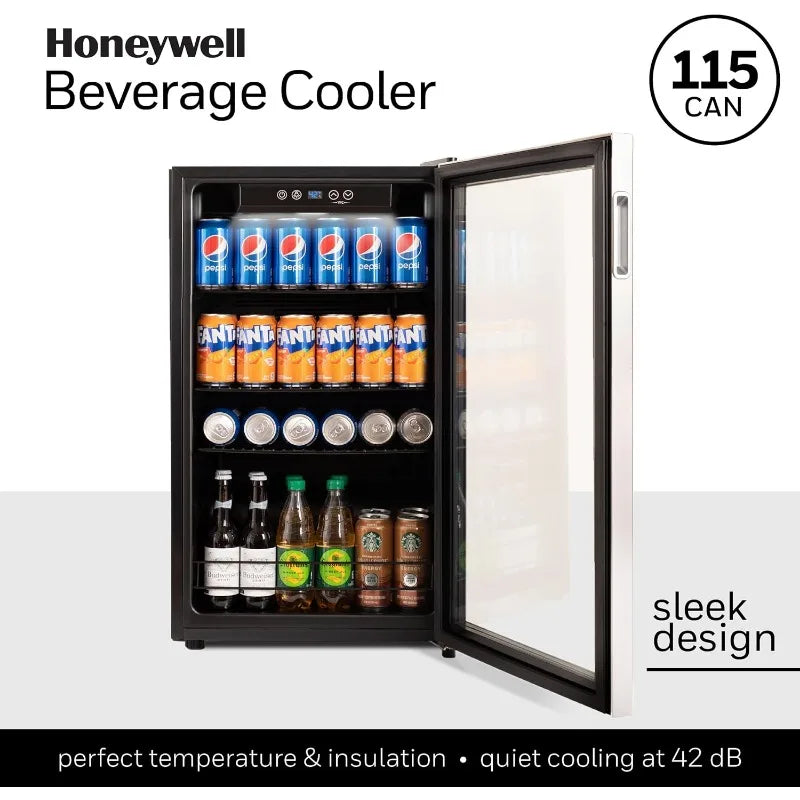 Honeywell Beverage Refrigerator and Cooler, 115 Can Mini Fridge with Glass Door for Soda Beer or Wine for Office or Bar