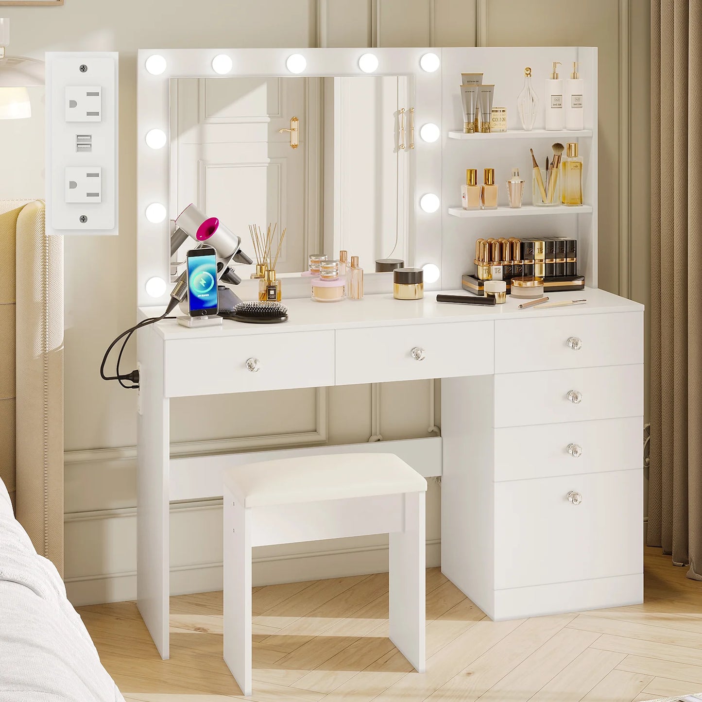 VOWNER Vanity with Lights 47 Inch Makeup Vanity Desk Storage Shelves and 6 Drawers 3 Color Lighting Modes