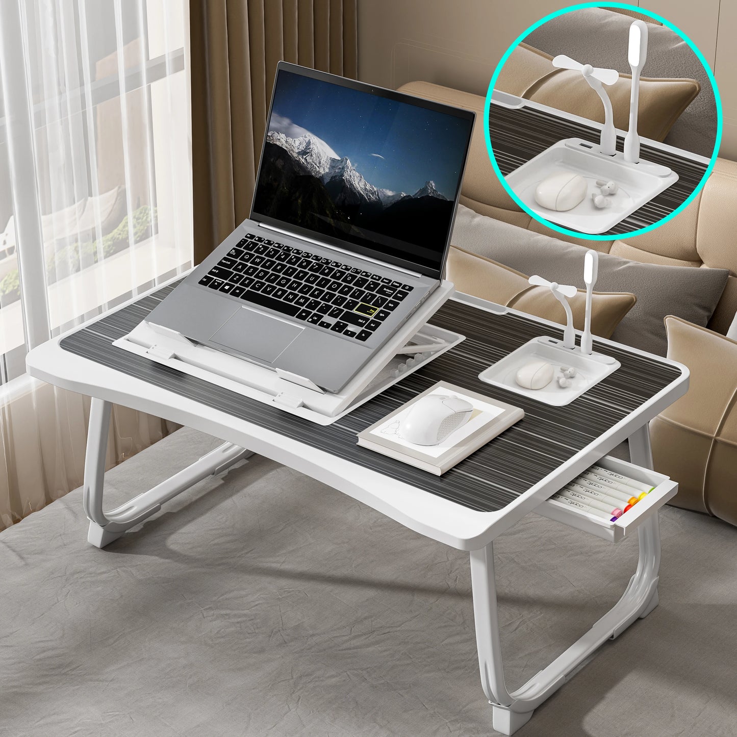Foldable Laptop Bed Desk] Portable Adjustable Height Foldable Laptop Bed Desk with Wooden Surface - Storage Slots & Drawers for
