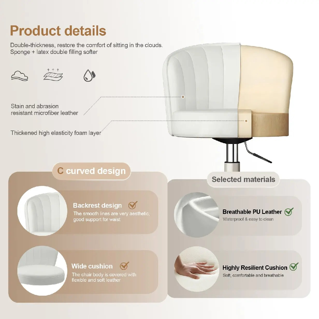 Small Round Rolling Desk Chair Armless Comfy Vanity  with Low Backrest PU Leather Height Adjustable Swivel Work Spa Chair