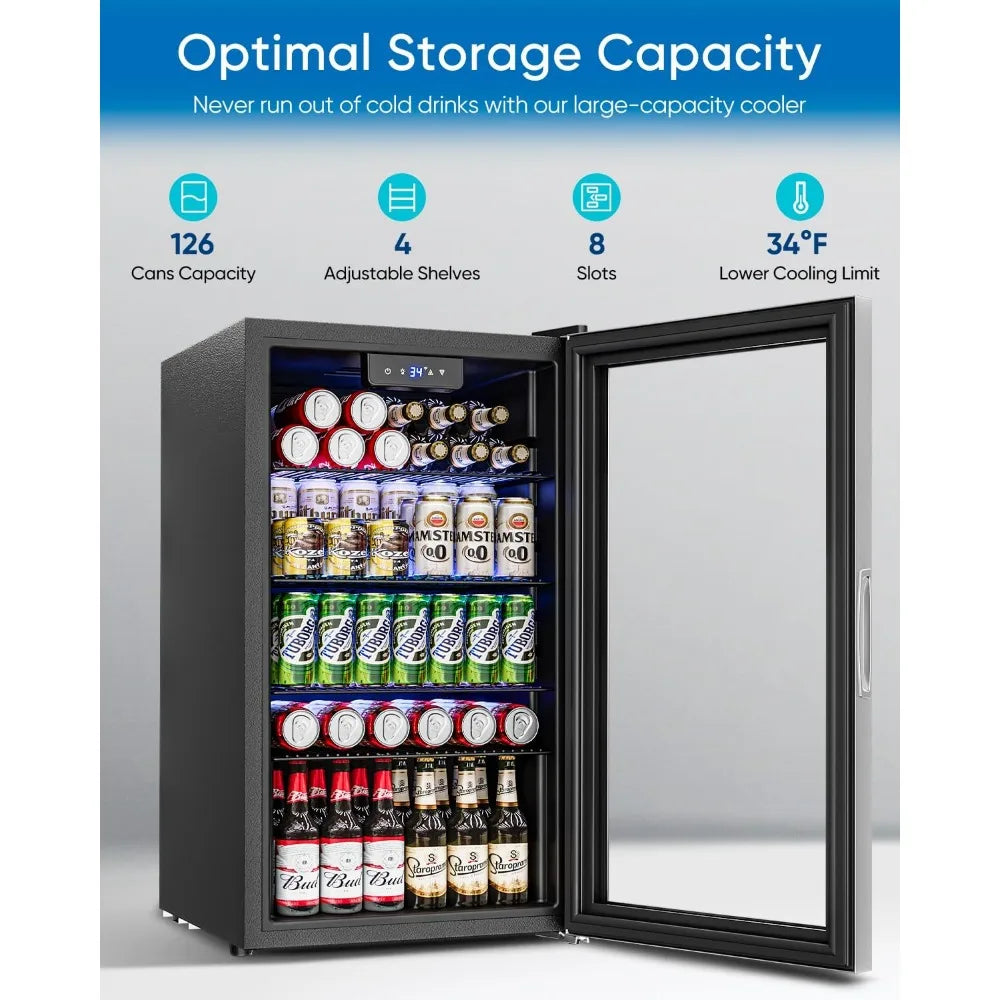 3.2 Cu.Ft Mini Fridge with Glass Door - 126 Can Beverage Refrigerator Cooler for Drink Beer Wine Soda, Small Refrigerator