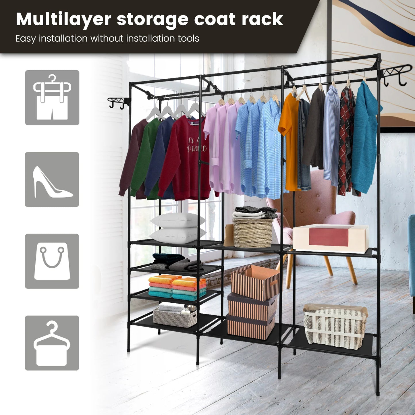 Garment Rack Shoe Clothing Organizer System Shelves Freestanding Multifunctional Clothes Wardrobe Metal Black