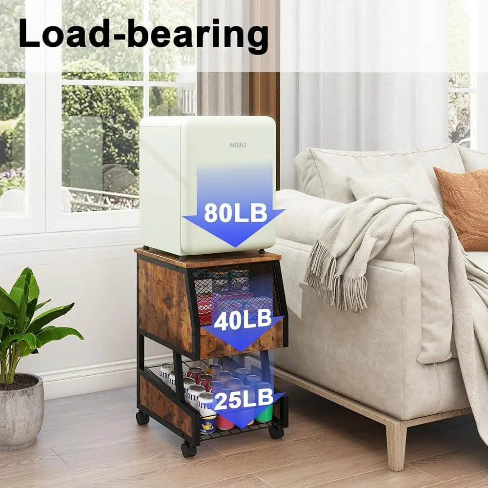 Compact Refrigerator Stand with Beverage Storage Rolling Mini Fridge Cart Lockable Wheels Snack Organizer Easy Assembly