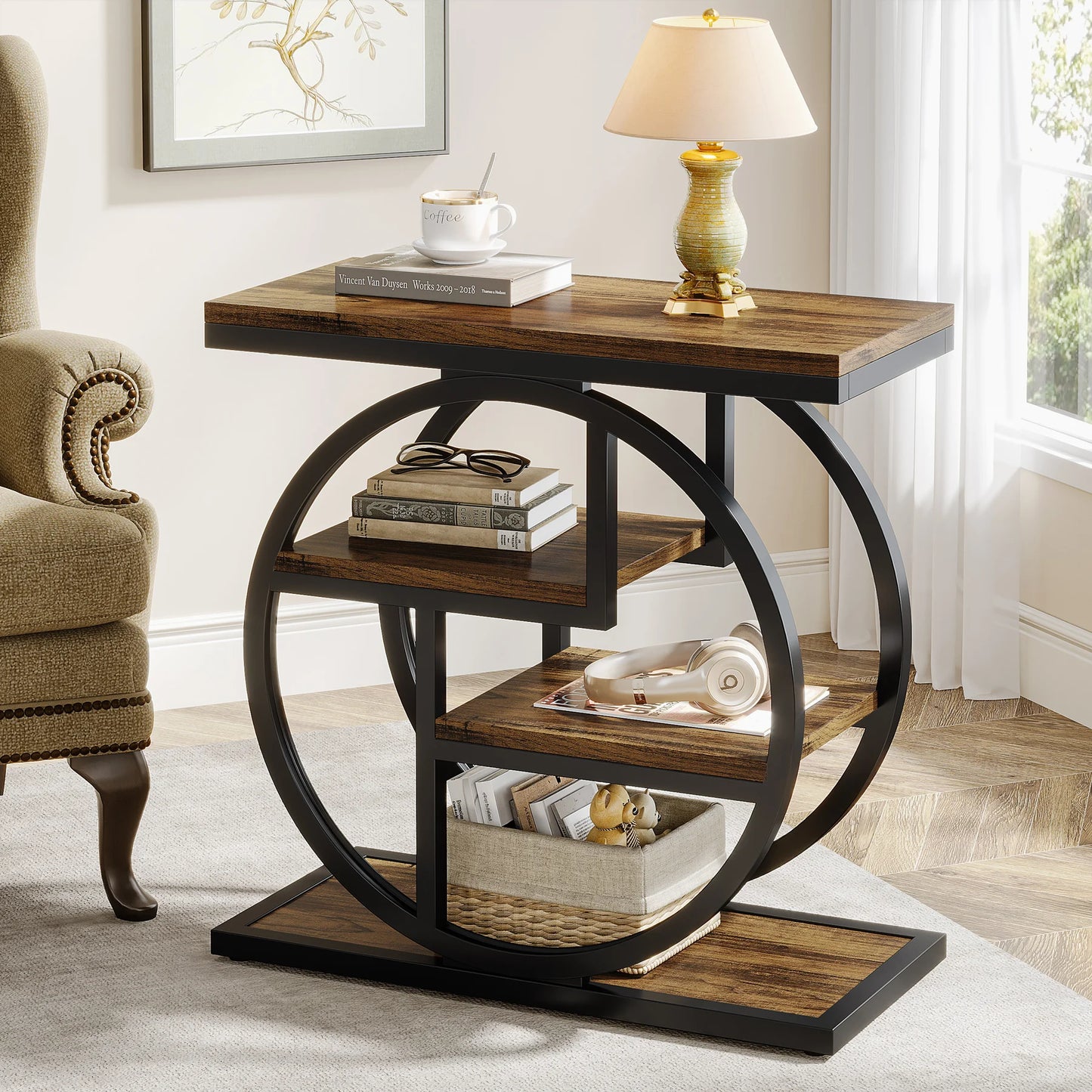 Tribesigns End Table, Narrow End Table with 3 Storage Shelves, Wooden Side Table, Industrial Small Sofa Side Table