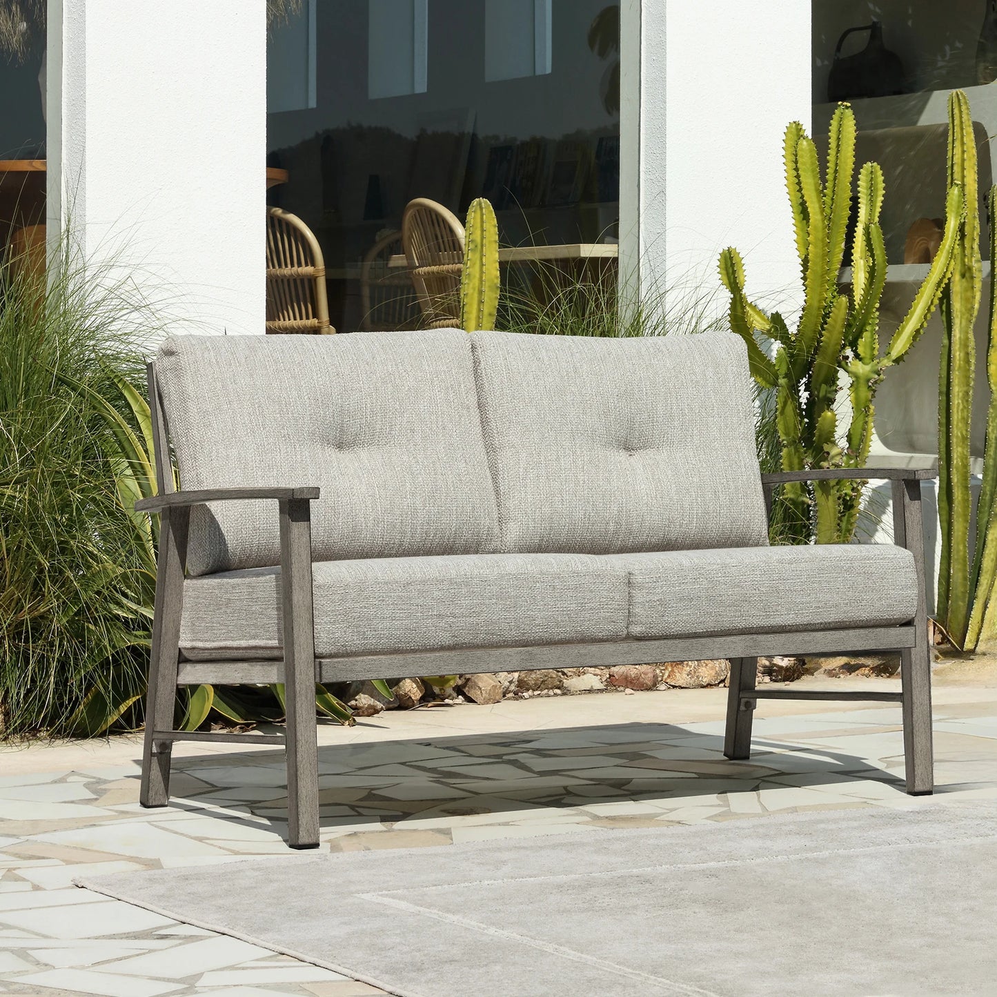 SeeHill Patio Furniture Loveseat Sofa, 2 Seats Outdoor Aluminum Patio Sofa Couch Furniture with Cushion for Poolside, White Oak