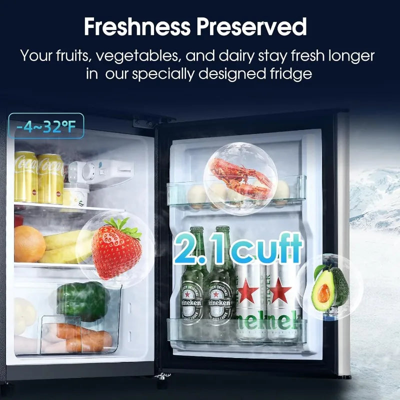 3.2 Cu.Ft Fridge with Freezer, 2 Door Refrigerator with 7 Level Thermostat, LED Light, Adjustable Removable Glass Shelves