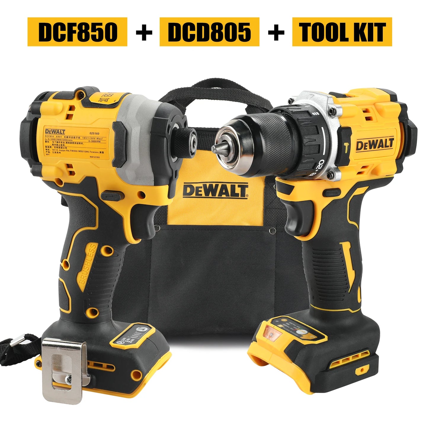 DeWalt DCF805 DCD850 20V Max Lithium Brushless Combo Kit Cordless Screwdriver Impact Drill Tool Bag