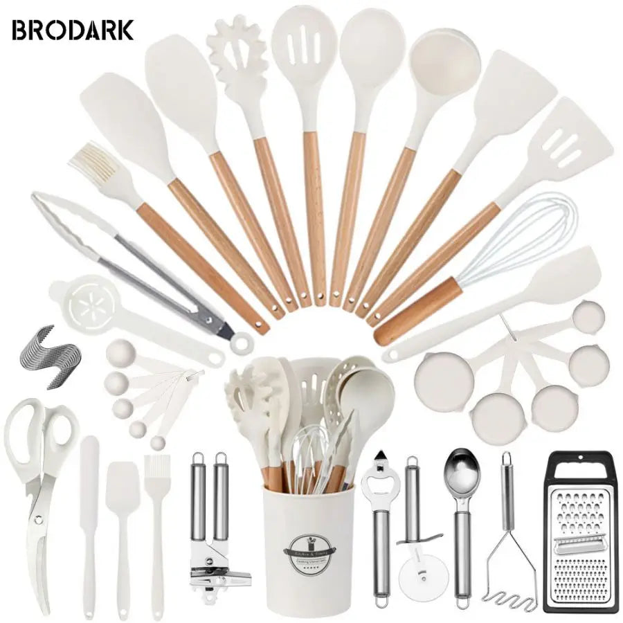 44pcs Premium Silicone Kitchen Utensil Set With Wooden Handles And Knife - Heat-Resistant, Non-Stick Friendly Cooking To