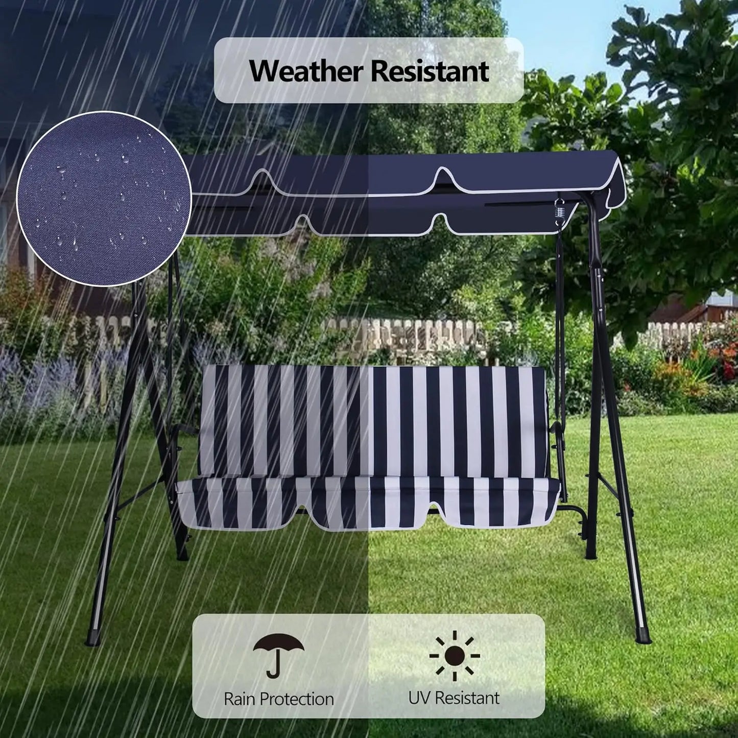 3-Seat Patio Swing Chair, Outdoor Porch Swing with Adjustable Canopy and Durable Steel Frame for Patio, Garden, Poolside(Nevy Bl