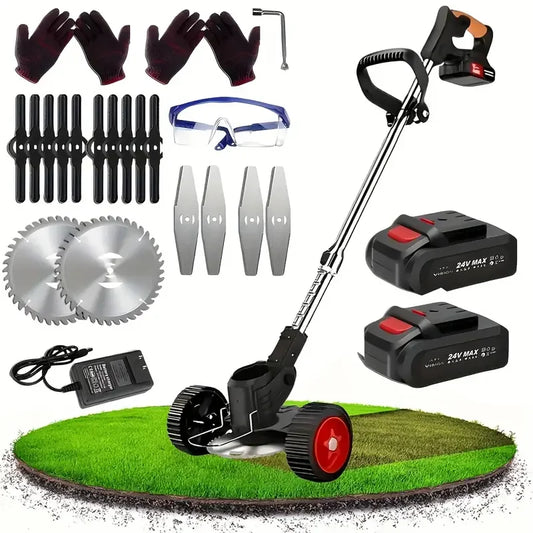 Cordless Lawn Trimmer Weed Wacker Lawn Mower Grass Edger with Two Li Ion Batteries and Three Cutting Blade Types