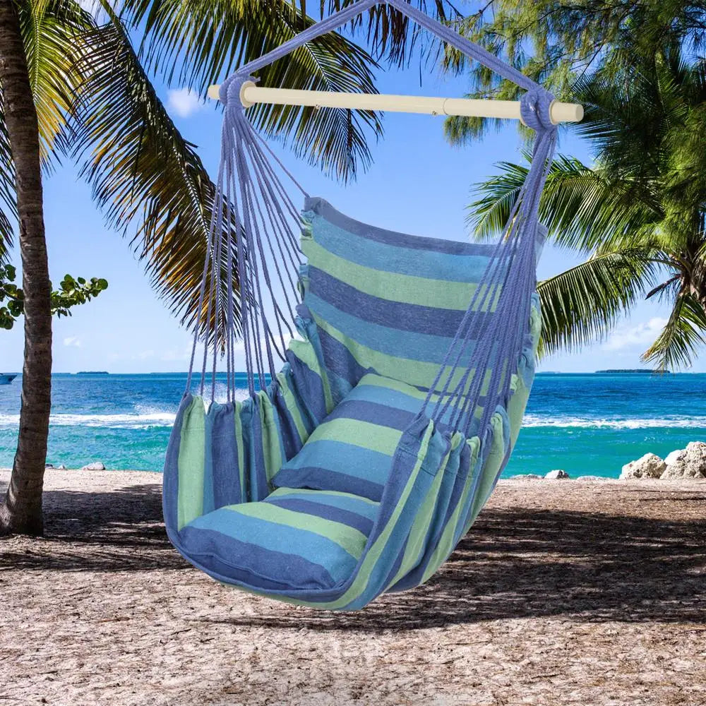 Stylish Blue Cotton Canvas Hanging Rope Chair with Cushions - Perfect for Indoor & Outdoor Relaxation