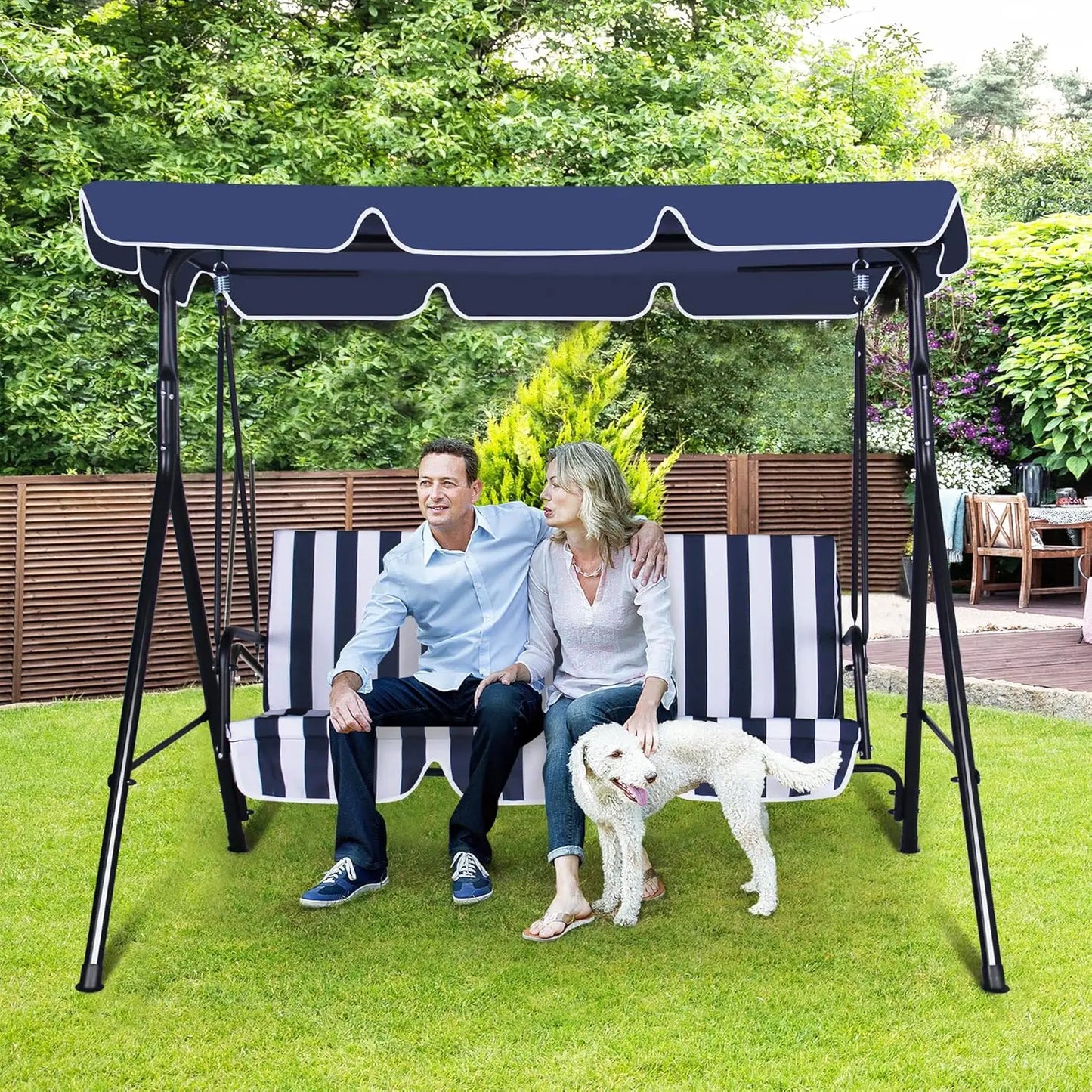 3-Seat Patio Swing Chair, Outdoor Porch Swing with Adjustable Canopy and Durable Steel Frame for Patio, Garden, Poolside(Nevy Bl