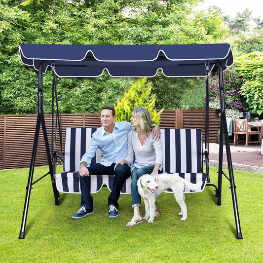 3-Seat Patio Swing Chair, Outdoor Porch Swing with Adjustable Canopy and Durable Steel Frame for Patio, Garden, Poolside(Nevy Bl