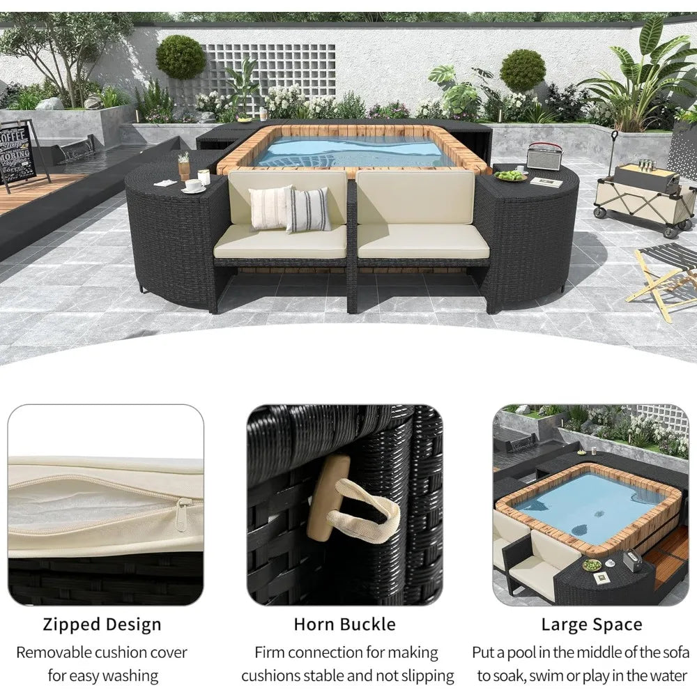 Patio Furniture Set, Spa Surround Outdoor Rattan Sofa Set with Wooden Seats and Storage Spaces, Quadrilateral Patio Sofa Set wit