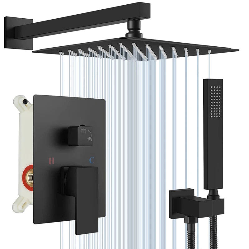 Black Concealed Shower System Rain Waterfall Bathroom Faucet Set with Tub Spout