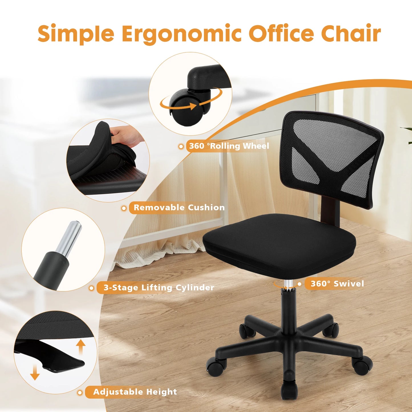 JHK Mesh Armless Office Chair with Lumbar Support Adjustable Height 360 Degree Rolling Swivel Computer Chair
