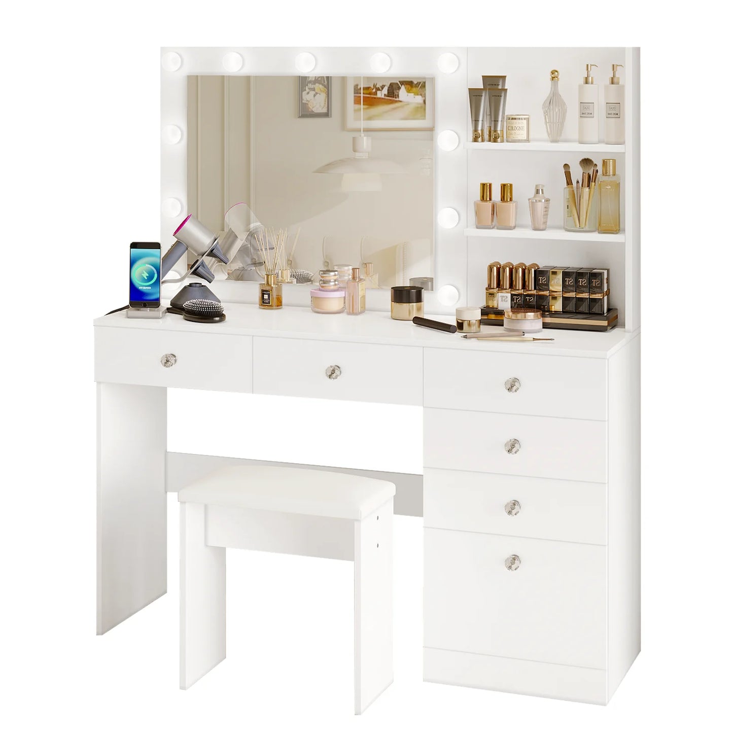 VOWNER Vanity with Lights 47 Inch Makeup Vanity Desk Storage Shelves and 6 Drawers 3 Color Lighting Modes