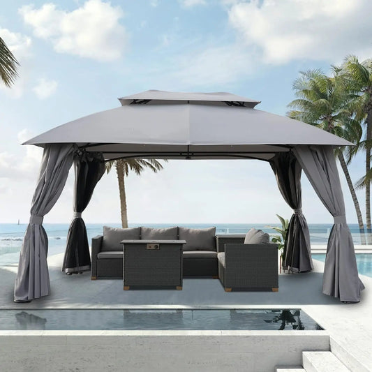 10x13 FT Gazebo Double Soft Top Canopy Anti-UV Shelter with Privacy Curtains and Netting Perfect Gift for Garden Lovers