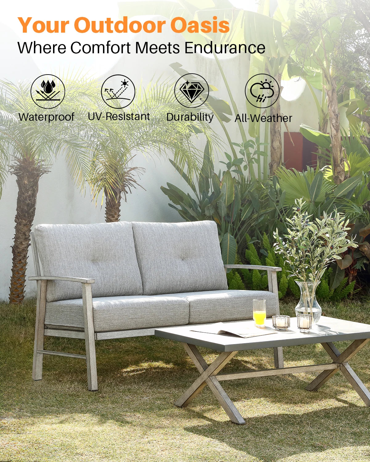 SeeHill Patio Furniture Loveseat Sofa, 2 Seats Outdoor Aluminum Patio Sofa Couch Furniture with Cushion for Poolside, White Oak