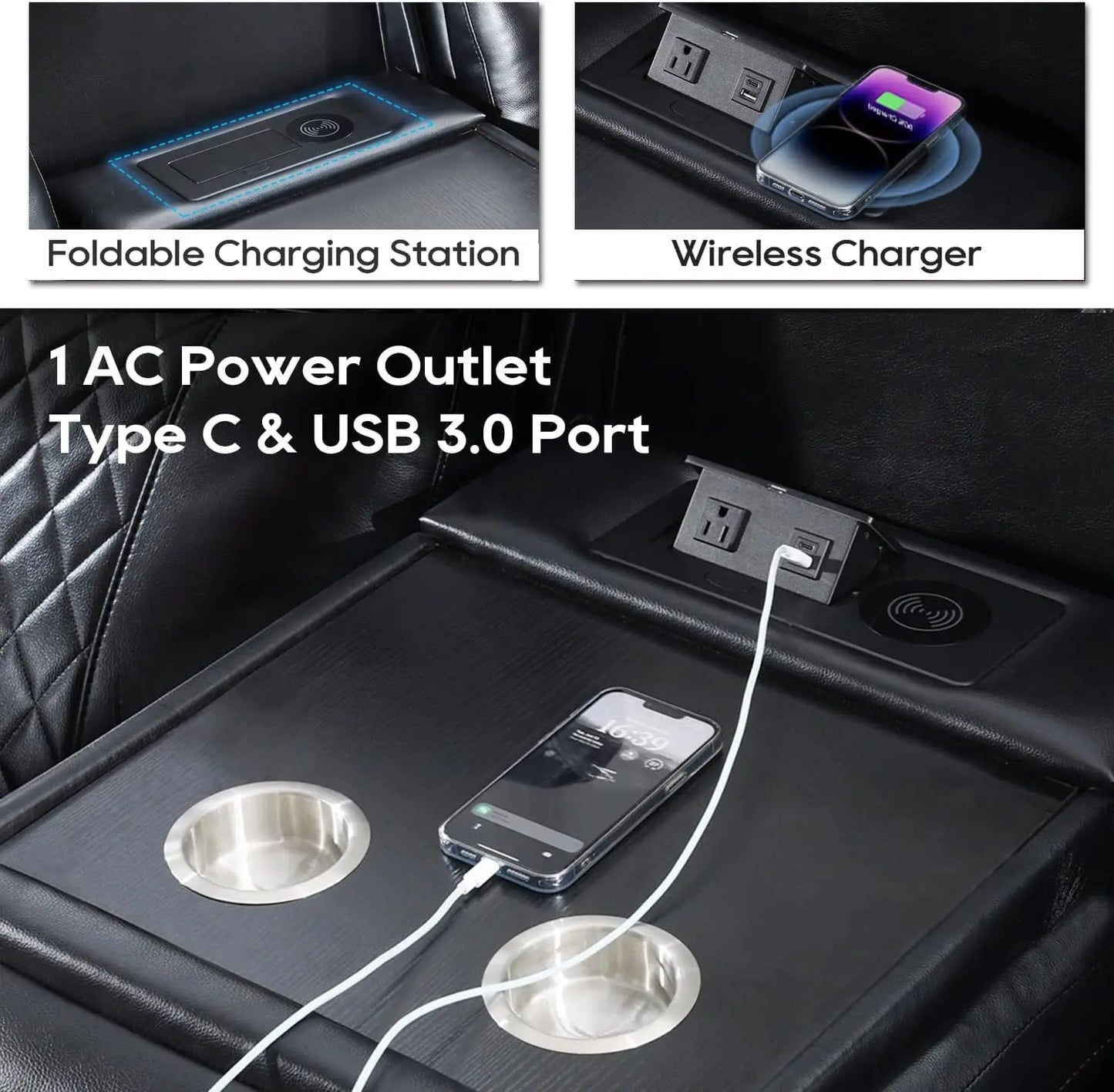 3 Seats Power Reclining Sofa with Wireless Charger LED Floor Lights Reading Light Drop Down Table USB Type C Port Model M070